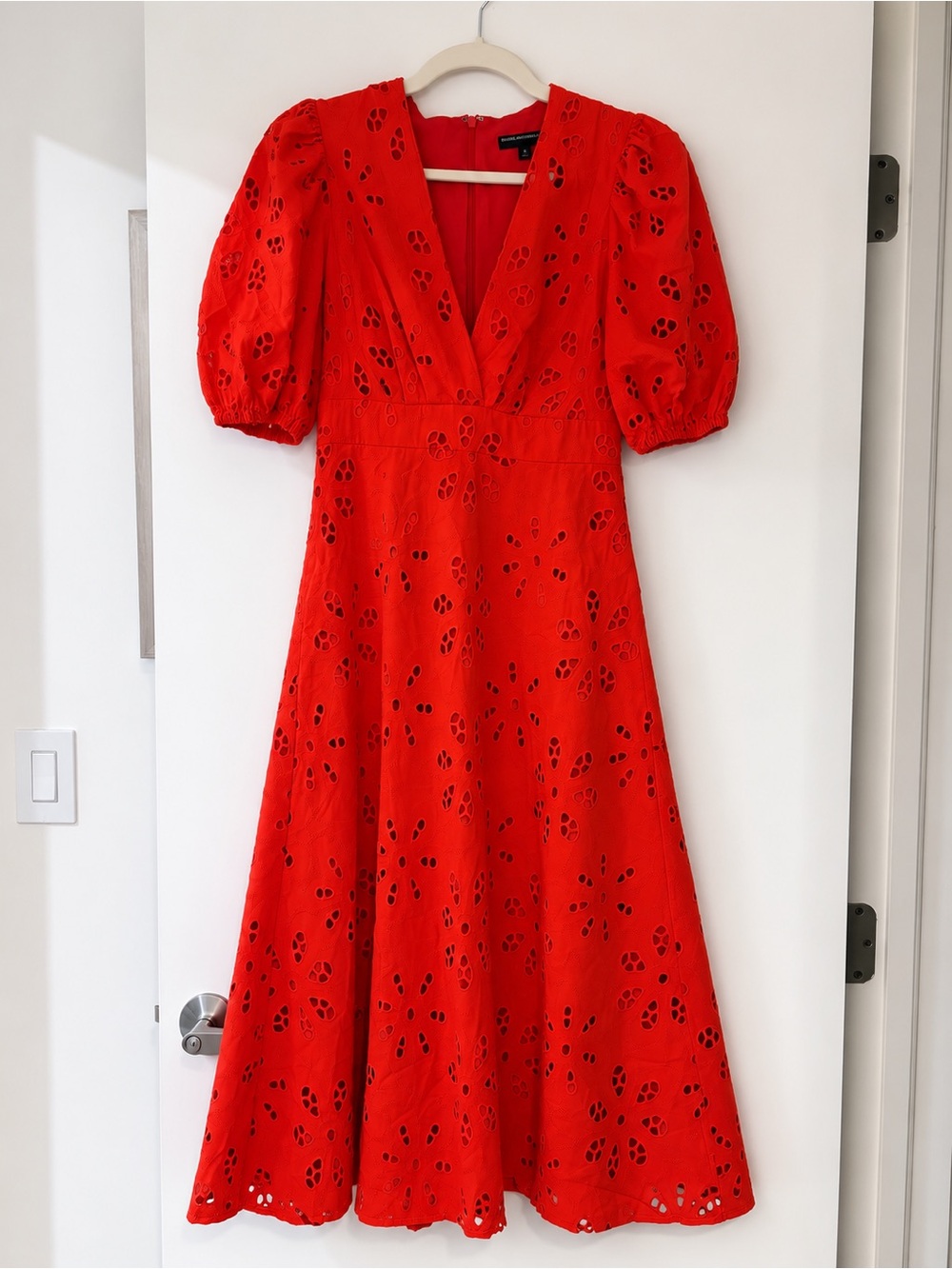 Maggy London Red Eyelet Midi with Puff Sleeves